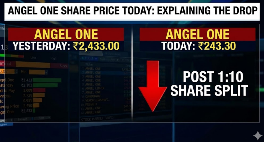 A financial graphic illustrating the drastic visual change in the angel one share price today, showing the drop from ₹2,433.00 yesterday to ₹243.30 today due to the 1:10 share split adjustment