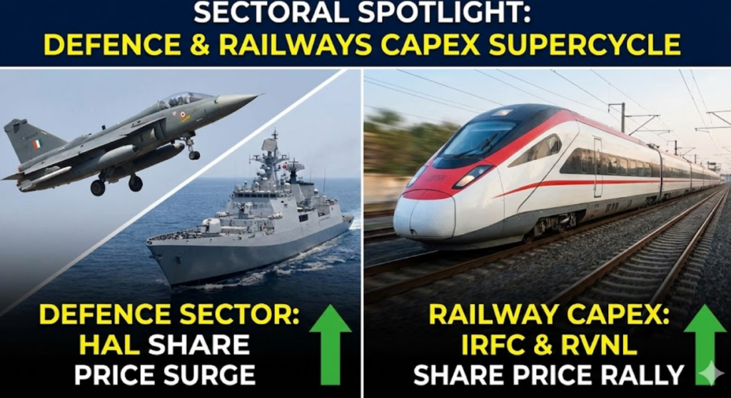 A split-screen visual highlighting India's capex supercycle, showing upward price trends for defence sector stocks like HAL and railway sector stocks like IRFC and RVNL.