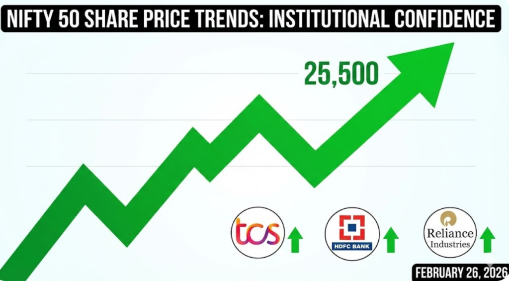 An upward green trend graph showing the nifty 50 share price reaching the 25,500 mark on February 26, 2026, supported by key stocks like TCS, HDFC Bank, and Reliance Industries.
