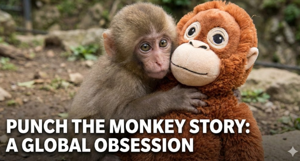 A close-up photograph of the baby Japanese macaque known as Punch, tightly clutching a large brown IKEA orangutan plush toy, illustrating the viral punch the monkey story