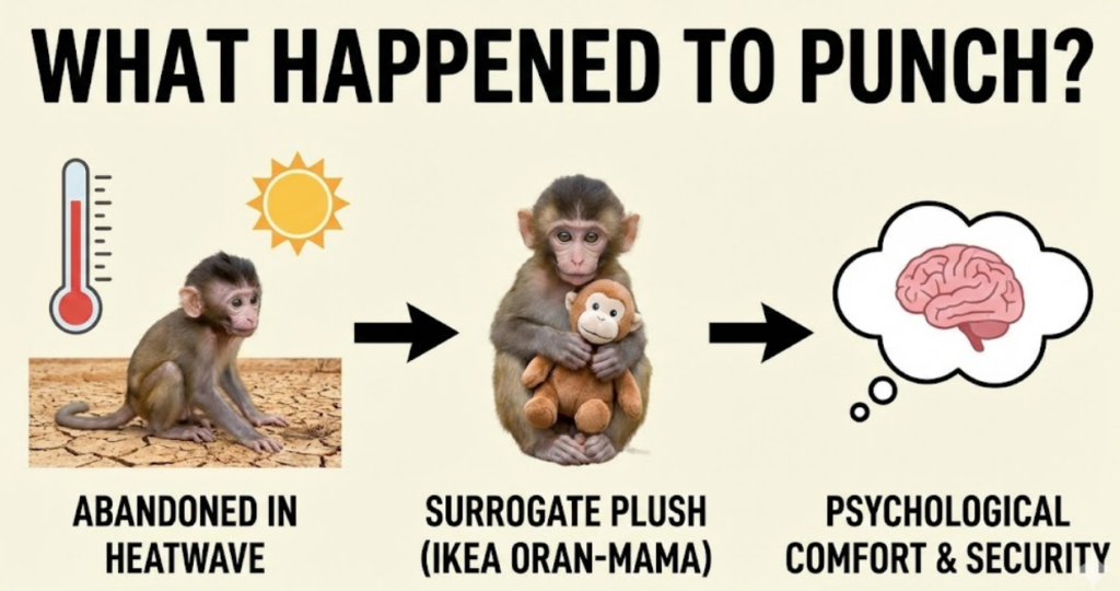 An infographic explaining what happened to punch the monkey, showing a timeline from being abandoned in a heatwave to finding psychological comfort with a surrogate IKEA plush toy