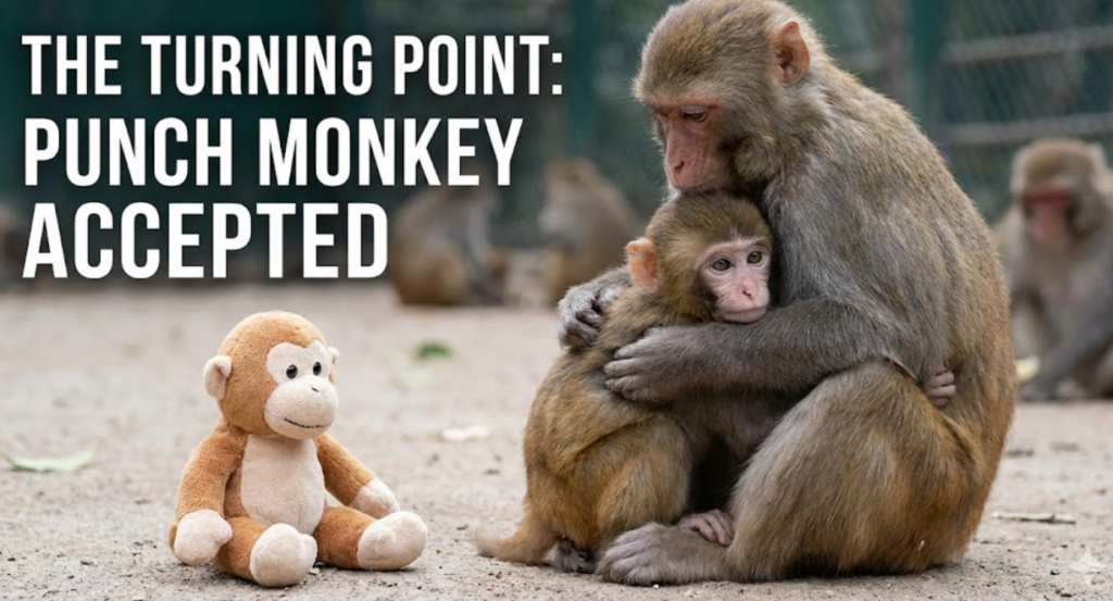 A heartwarming photo showing the moment punch monkey accepted by an adult female macaque, who is hugging him while his IKEA plush toy sits nearby.