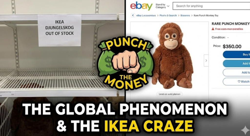 A split-screen graphic showing empty store shelves for the out-of-stock plush on the left, and an eBay listing selling the rare punch the monkey ikea toy for $350 on the right.
