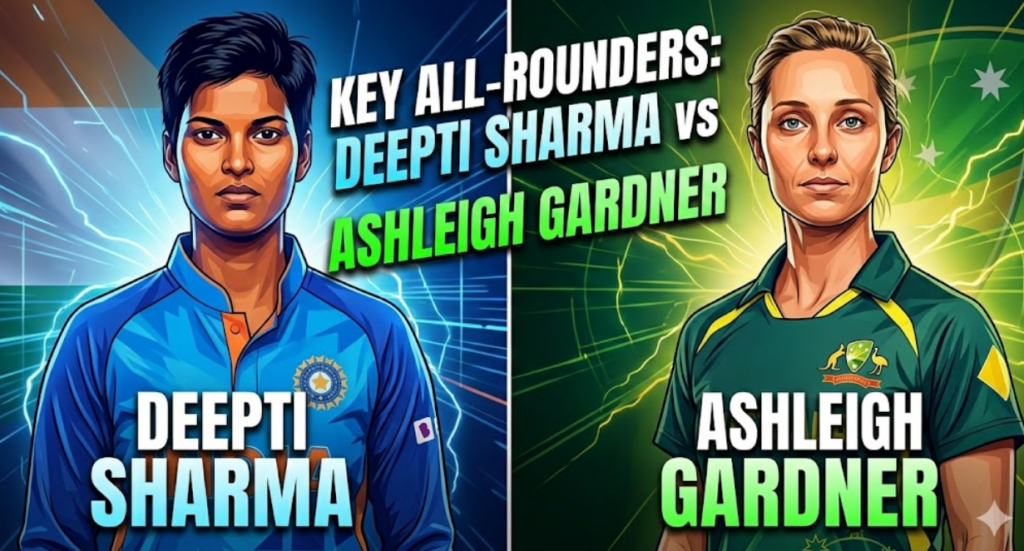 This conceptual split-screen graphic features stylized portraits of India’s Deepti Sharma and Australia’s Ashleigh Gardner, who are defining players of the rivalry.