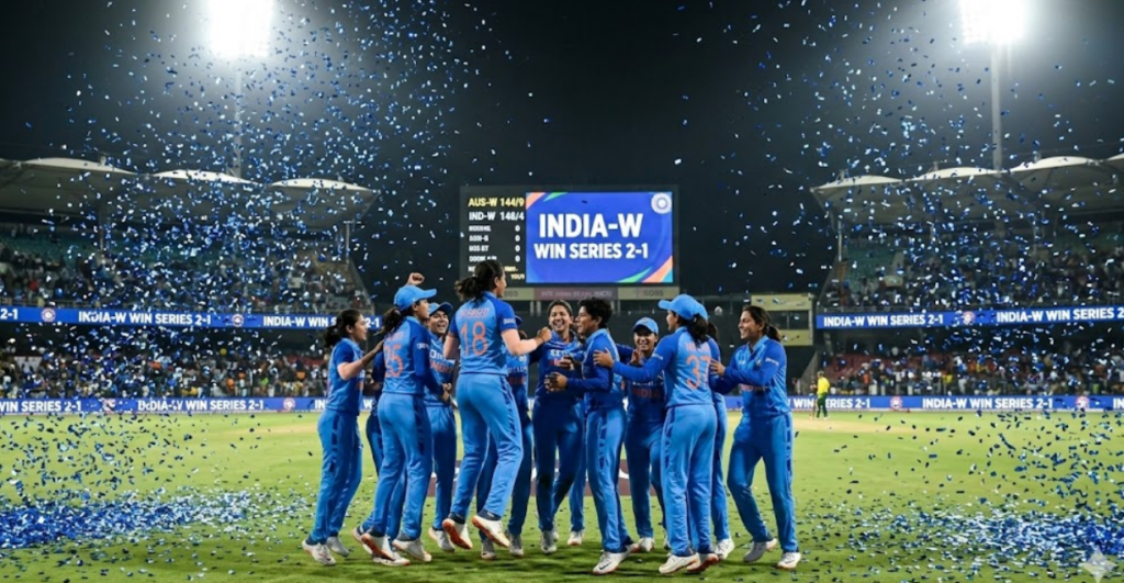 India Women vs Australia Women 2026: Match Scorecard, Key Players & Smriti Mandhana’s Journey 1 Action shot of Smriti Mandhana playing a cover drive during the india women vs australia women ODI series 2026, featuring a live scorecard text overlay.