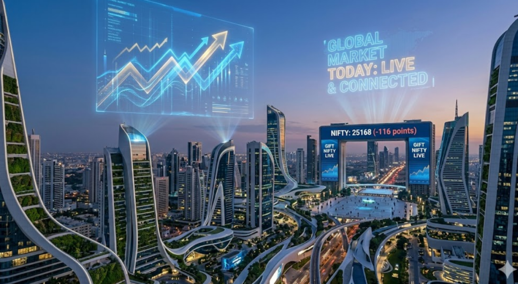 A futuristic landscape visual for **global market today live**, featuring blue Nifty projections and gold Australia energy fields splitting the twilight sky above a glowing city.