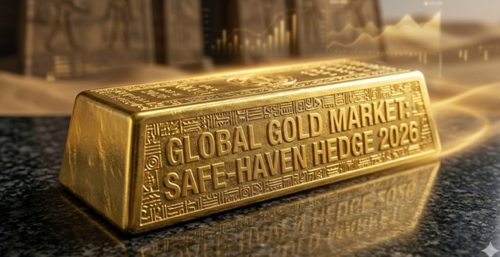 A macro shot of a physical gold bar inscribed with 'GLOBAL GOLD MARKET: SAFE-HAVEN HEDGE 2026,' emphasizing the surge in the **gold rate global market**.