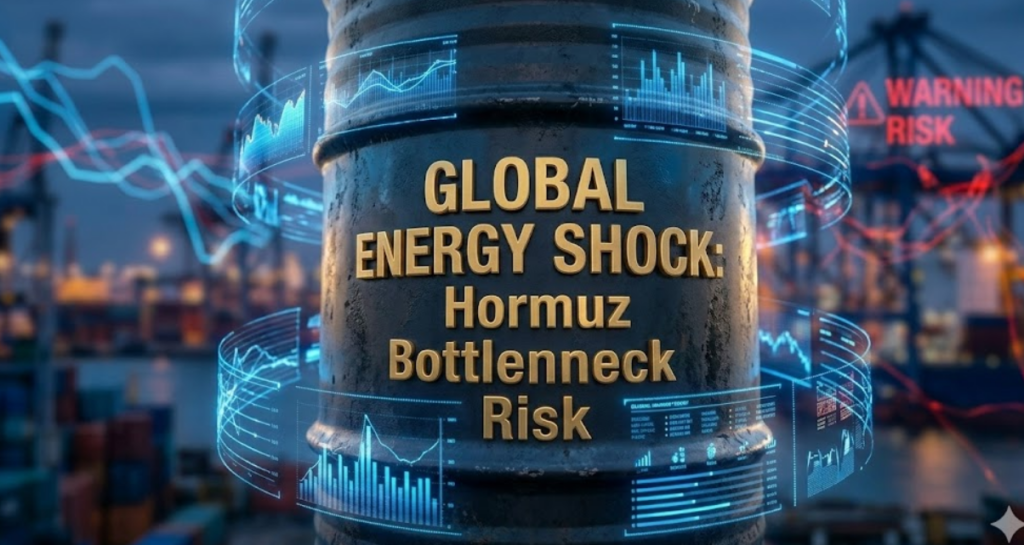An industrial oil barrel with integrated blue data visualizations, deeply embossed with 'GLOBAL ENERGY SHOCK: Hormuz Bottleneck Risk,' analyzing critical **market news** from March 2026