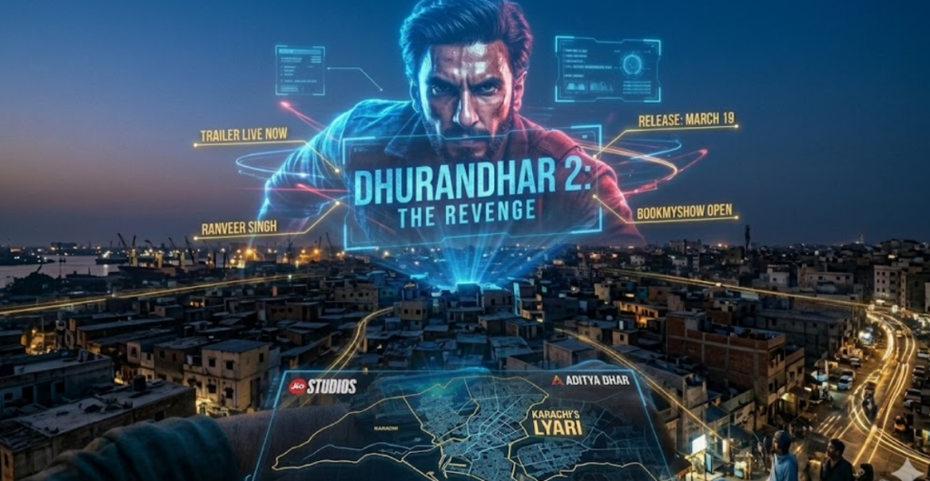 A colossal electric-blue and crimson hologram of a focused Ranveer Singh titled 'DHURANDHAR 2: THE REVENGE' rising above the dusk panorama of the Karachi Lyari district, referencing the dhurandhar upcoming part 2 release date.