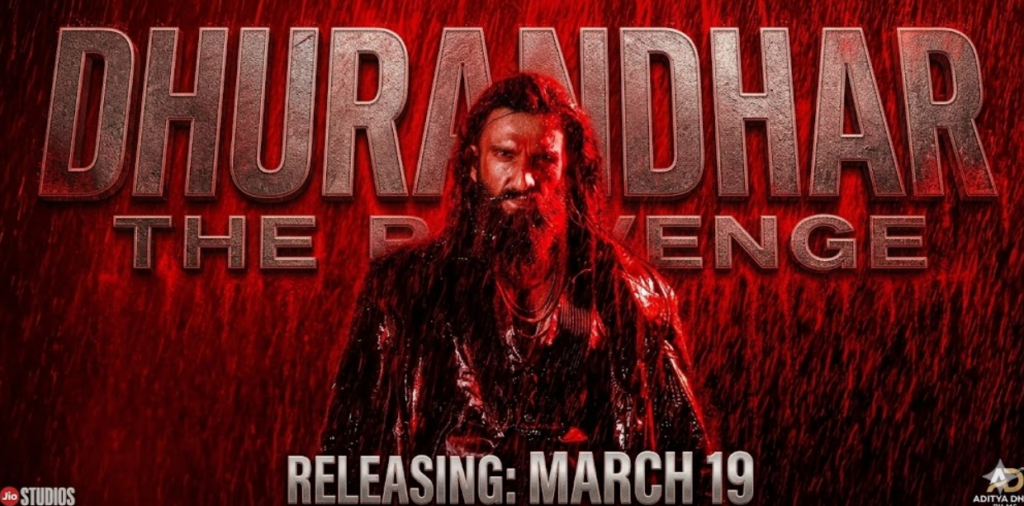 Close-up shot of Ranveer Singh in a dark leather jacket and long beard, drenched in crimson red rain against a dark background, reflecting the intense action of **dhurandhar upcoming part 2