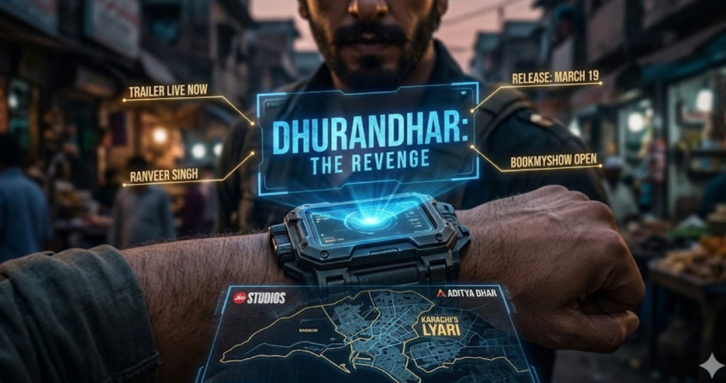 A futuristic tactical wrist gauntlet worn by Ranveer Singh, projecting a glowing blue hologram titled 'DHURANDHAR: THE REVENGE' with key release data, against a blurred street market background.