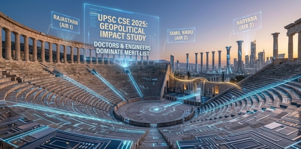 A mosaic grid of portraits featuring the UPSC 2025 toppers including Anuj Agnihotri (AIR 1, Rajasthan), Rajeshwari Suve (AIR 2, Tamil Nadu), and Akansh Dhull (AIR 3, Haryana). Anuj Agnihotri UPSC Result 2025 Topper