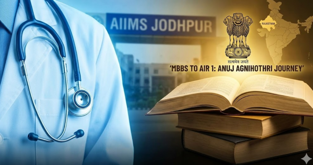 Conceptual image contrasting a medical stethoscope (AIIMS Jodhpur) on the left with a stack of UPSC preparation books and the National Emblem of India on the right, symbolizing the journey of topper Anuj Agnihotri.