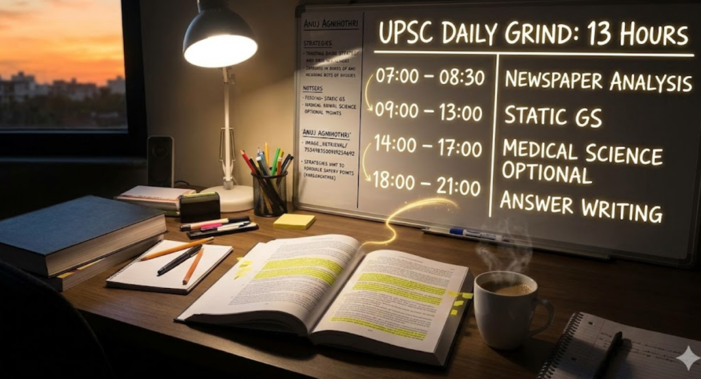 Close-up photograph of a vintage, leather-bound logistical planner, featuring brass gear overlays and detailed time fields for '09:00 - Static GS' and '14:00 - Medical Science Optional'. Anuj Agnihotri UPSC Result 2025 Topper