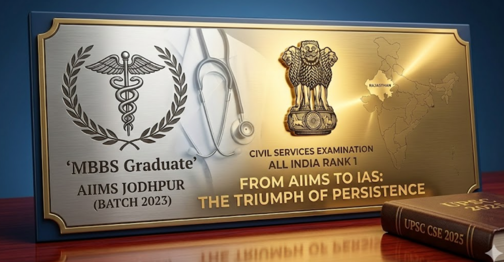 A composite conceptual featured image, based on image_341.png, showing a large, engraved cast brass and silver memorial plaque celebrating Anuj Agnihotri's transition from an AIIMS doctor to UPSC AIR 1.