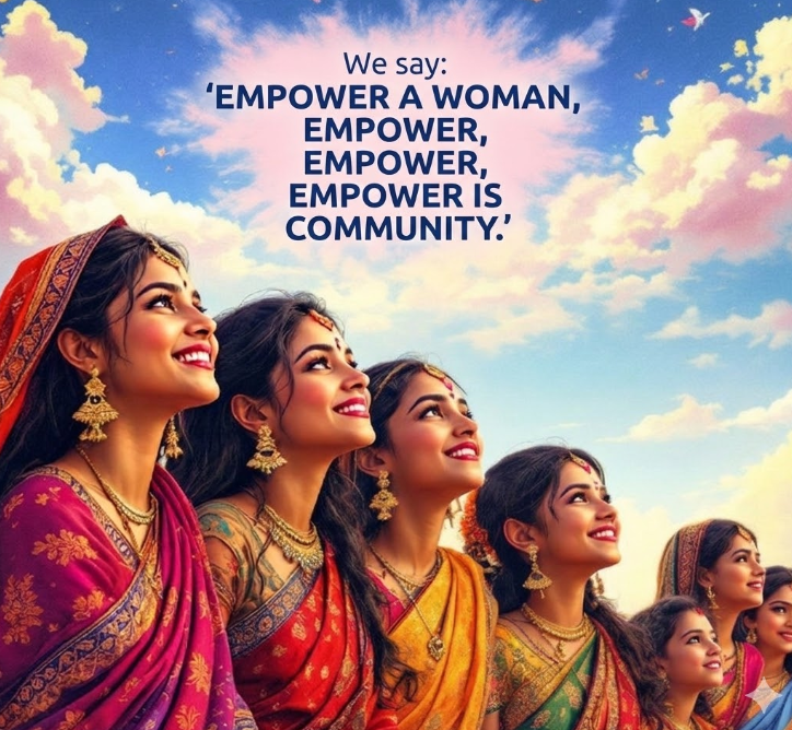 A vibrant photograph features seven South Asian women of various ages looking upward against a backdrop of colorful clouds and flying birds. They are wearing traditional silk sarees and ornate gold jewelry. Text in the upper right reads, 'We say: "EMPOWER A WOMAN, empower, empower, empower is community."' Below that is a smaller line that says, '- Terry Women's Day.