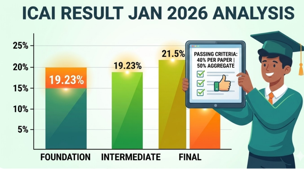 Infographic showing ICAI Result Jan 2026 analysis with 19.23 percent Foundation pass rate and passing criteria.