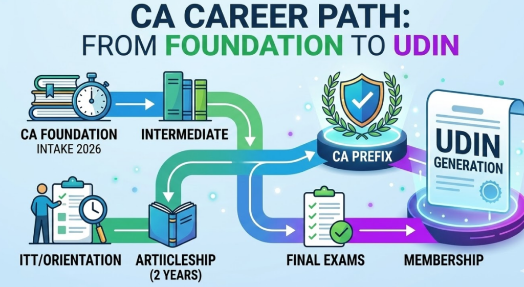 Step-by-step CA Career Path roadmap from CA Foundation intake to UDIN Generation and Membership.