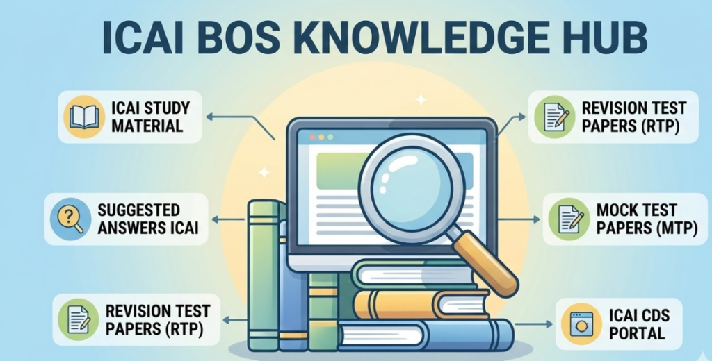 ICAI BOS Knowledge Hub featuring ICAI Study Material, Suggested Answers, and CDS Portal resources.