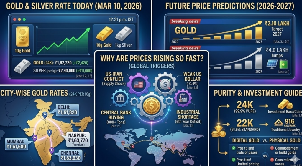 Sone Chandi Ka Bhav Today March 10 2026: Master infographic visualizing price predictions, city rates, and global triggers on a 3000-word guide.