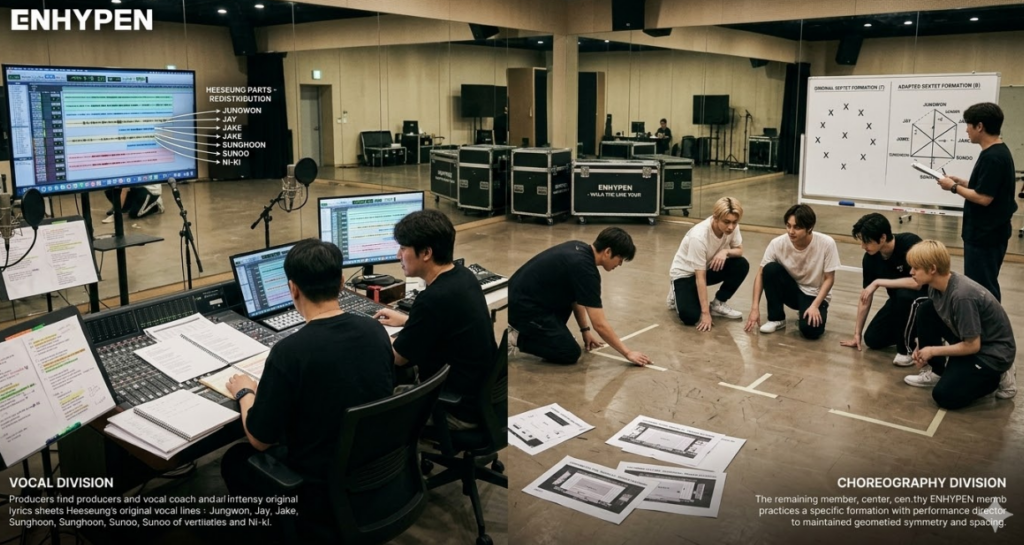 Detailed infographic titled "THE REORGANIZED SEXTET: TECHNICAL AND CREATIVE CHANGES" dated March 11, 2026, summarizing ENHYPEN's transition following Heeseung's departure.
The left side shows "Vocal Redistribution" data for the six remaining members, while the right illustrates "Choreography Adjustment" with geometric formation diagrams.