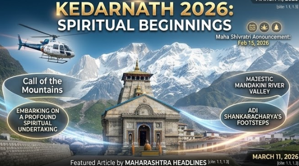 A comprehensive infographic summarizing a complete spiritual guide to the Kedarnath Yatra 2026. The central illustration shows the illuminated Kedarnath Temple at an altitude of 11,755 ft, surrounded by snow-capped peaks and the roaring Mandakini river, with pilgrims (some with backpacks, one on horseback) walking on the paved trek path. Six detailed text boxes outline key sections for the pilgrimage: on the left, "Mandatory Chardham Registration" (with QR code icon), "IRCTC HeliYatra Booking Tips" (with helicopter icon), and "16 KM Trek: Complete Route & Tips" (with walking icon); on the right, "Temple Opening: April 22, 2026" (with calendar icon), "High-Altitude Health Preparation" (with medical cross icon), and "'Green Yatra' Environmental Protocols" (with recycle leaf icon). Important dates are explicitly listed in the bottom right corner: TEMPLE OPENING: APRIL 22, 2026 and TEMPLE CLOSING: NOV 11, 2026. The image is titled, "KEDARNATH YATRA 2026: THE ULTIMATE SPIRITUAL PILGRIMAGE GUIDE" and credited as a "Featured Article by MAHARASHTRA HEADLINES."