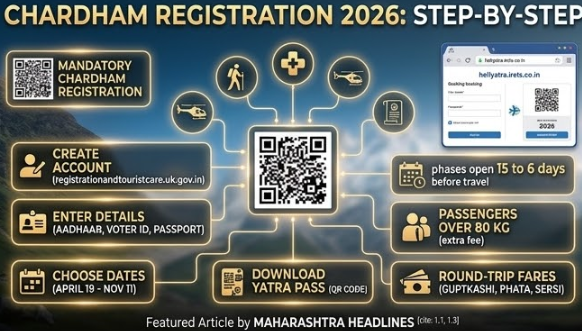 An illustrative master checklist infographic screen detailing the essential steps for a successful Kedarnath Yatra in 2026. This comprehensive visual summary breaks down the pilgrimage into six manageable sections: Mandatory Chardham Registration, IRCTC HeliYatra Booking Tips, 16 KM Trek: Complete Route & Tips, High-Altitude Health Preparation, and 'Green Yatra' Environmental Protocols. A stylized view of the Kedarnath Temple against massive snow peaks anchors the guide. The image explicitly confirms the main dates: TEMPLE OPENING: APRIL 22, 2026 and TEMPLE CLOSING: NOV 11, 2026. This is a professional guide summarizing a detailed featured article on Maharashtra Headlines