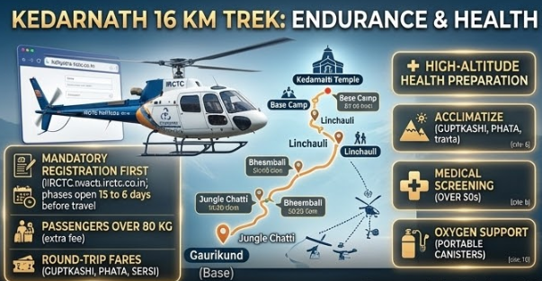 A high-level visual overview of the definitive guide to the Kedarnath Yatra for the 2026 season. This detailed infographic emphasizes key modern requirements and unique narrative points, including: the mandatory digital registration process using QR codes, the exclusive IRCTC helicopter booking service, in-depth advice for the 16 km high-altitude trek, special medical screening requirements, and comprehensive "Swachh Yatra" eco-friendly protocols with dedicated tracking. A conceptual map visualization integrates with a majestic view of the illuminated Kedarnath Temple. The image highlights the specific opening date: APRIL 22, 2026. The guide is credited as a special "Featured Article by MAHARASHTRA HEADLINES."