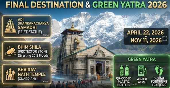 A majestic illustrative master visualization screen providing a complete, authoritative summary of the Kedarnath Yatra 2026: The Ultimate Spiritual Pilgrimage Guide. This professional infographic uses floating instructional panels surrounding a view of the illuminated ancient temple and snow peaks to break down the process into easy-to-digest instructions for Chardham registration, helicopter booking, high-altitude health preparation, the 16 km trek, and environmental responsibility. The specific opening date is clearly displayed: APRIL 22, 2026. This is a functional guide summary from a featured article on Maharashtra Headlines.