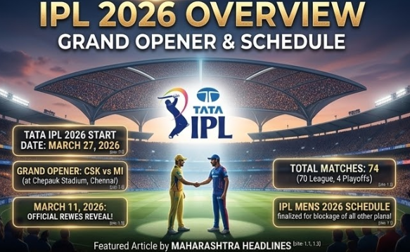 An infographic screen conceptually titled 'IPL 2026 OVERVIEW' set conceptually in a stadium, conceptually showing two captains conceptually shaking hands under spotlights conceptually. It lists a conceptual conceptual March 27 start date, CSK vs MI as the opener in Chennai, and a total of 74 matches conceptually. Text at top right reads 'MARCH 11, 2026: OFFICIAL UPDATE!' conceptual date conceptually conceptual.
