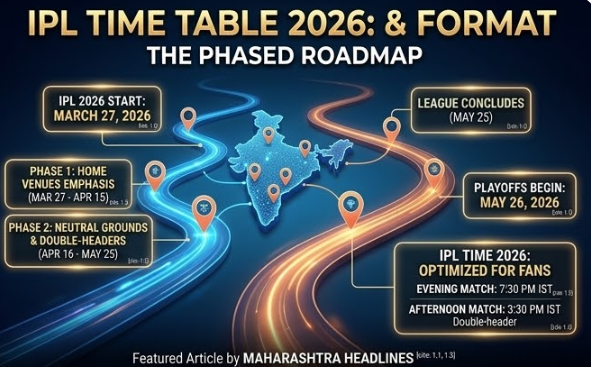 An infographic screen conceptually titled 'IPL TIME TABLE 2026: PHASED ROADMAP' conceptually visual conceptual showing a conceptual conceptual conceptual timeline split into conceptual conceptual conceptual two phases conceptually (Home and Neutral conceptually) set against stylized conceptual conceptual map pins conceptually. It details a conceptual conceptual conceptual start conceptually of March 27, playoffs beginning on May 26, conceptually optimized conceptual fan timings conceptual.