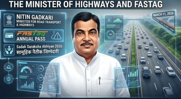 An infographic screen conceptually titled 'THE MINISTER OF HIGHWAYS AND FASTag (INTRODUCTION AND MINISTRY)' set against a bustling conceptual Delhi-Mumbai Expressway. It features a portrait of Nitin Gadkari (in formal white attire) with floating data panels that summarize his core ministry achievements: 'FASTag ANNUAL PASS', a roadmap to a total of 250+ matches in the tournament (league matches and playoffs), and 'Sadak Suraksha Abhiyan 2026' emphasizing the collective moral responsibility of safer streets. Text at bottom right reads 'MARCH 11, 2026'.