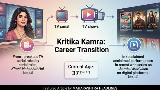 Infographic detailing Kritika Kamra’s career journey from TV serials to OTT streaming shows, including a stat bubble stating 'Current Age: 37'."