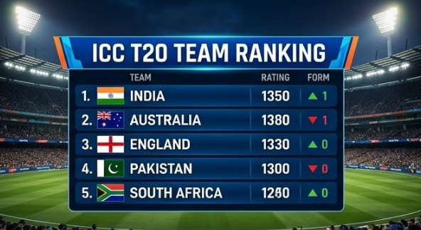 Infographic panel titled "ICC T20 Team Ranking," showing a leaderboard on a large stadium screen listing the top 5 teams (India, Australia, England, Pakistan, South Africa) with flags, ratings, and recent ranking movement.