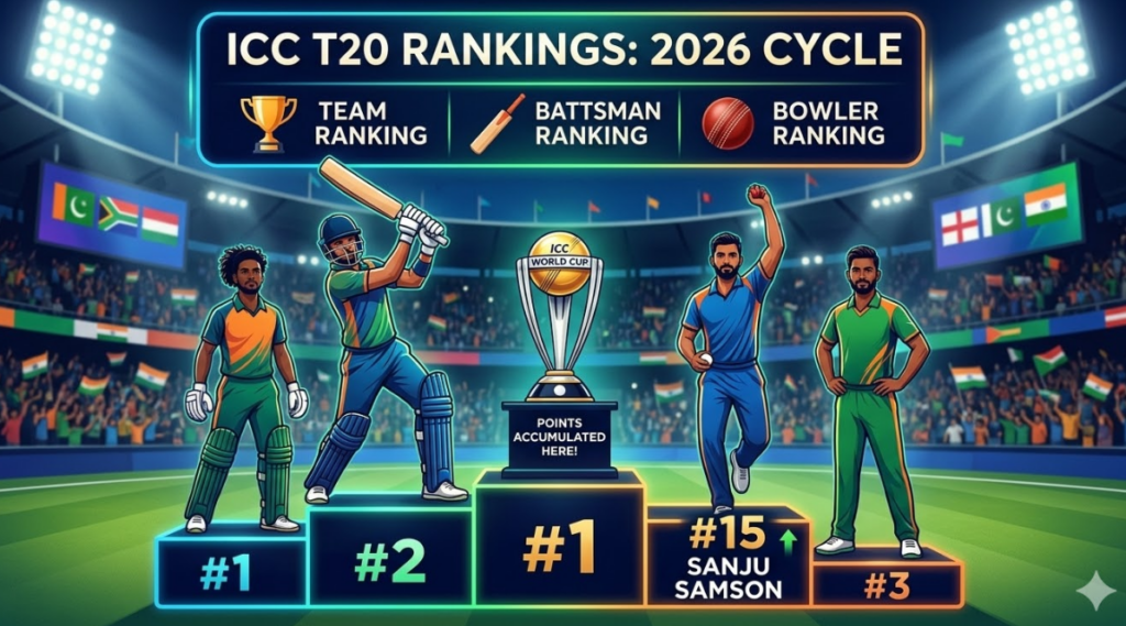 A stylized infographic featured image set within a packed cricket stadium at night, detailing the ICC T20 Cricket Rankings for the 2026 cycle. A prominent glowing banner at the top reads 'ICC T20 RANKINGS: 2026 CYCLE'. Below this are category headings with icons: 'TEAM RANKING' (trophy icon), 'BATTSMAN RANKING' (bat icon), and 'BOWLER RANKING' (ball icon). A large, three-tiered podium structure dominates the center. The highest central tier is gold and labeled '#1', featuring a large 'ICC WORLD CUP' trophy and a sign reading 'POINTS ACCUMULATED HERE!'. Steps are numbered '#2' (blue) and '#3' (orange) to the left and right. Integrated into the right side of the podium is an orange step clearly marked '#15' with the name 'SANJU SAMSON' and a green upward arrow next to it. Five idealized cricket players are standing on the steps in action poses, surrounded by a floodlit crowd and screens displaying diverse, generic flags. The overall style is modern and statistical, utilizing a rich palette of deep blues, electric greens, oranges, and gold.