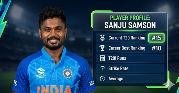 Infographic panel titled "Player Profile: Sanju Samson," featuring a portrait of the cricketer smiling in his team kit. The adjacent stats panel lists his current T20 ranking (#15) and career-best ranking