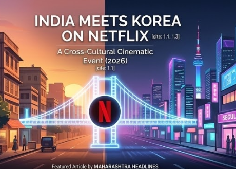 "Infographic panel titled 'INDIA MEETS KOREA ON NETFLIX', visualizing a glowing digital bridge connecting a sunset view of Mumbai on the left to a neon-lit Seoul skyline at night on the right."