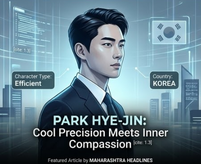"A sharp portrait of Park Hye-jin in sleek Korean attire, looking focused against a minimalist digital grid background, captioned 'Cool Precision Meets Inner Compassion'."