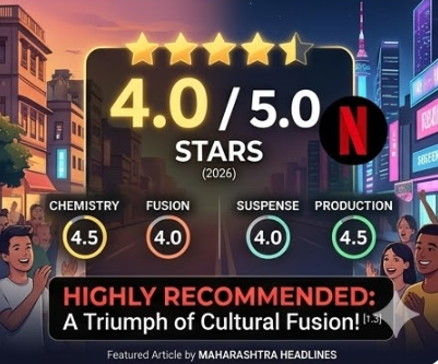 "A vibrant infographic scorecard with a final rating of '4.0 / 5.0 STARS', a breakdown of scores (Chemistry 4.5, Fusion 4.0, Suspense 4.0, Production 4.5), and a bold final verdict reading 'HIGHLY RECOMMENDED: A Triumph of Cultural Fusion!'.