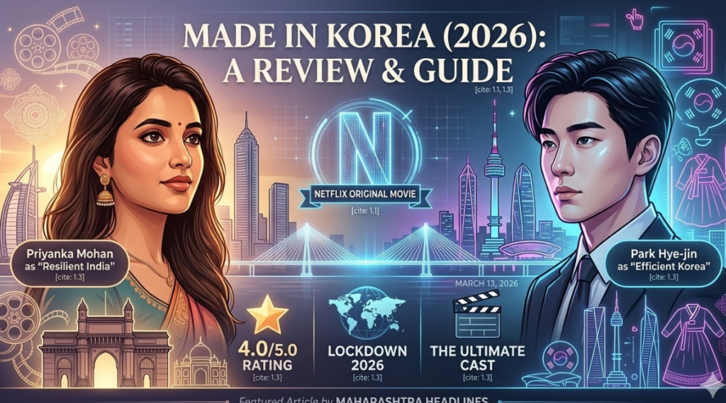 A vibrant, illustrative infographic banner featuring stylized portraits of Priyanka Mohan as 'Resilient India' against a sunset Mumbai skyline and Park Hye-jin as 'Efficient Korea' against a neon Seoul skyline. A bridge connects the two cities under the large blue glowing title, 'MADE IN KOREA (2026): A REVIEW & GUIDE', with a Netflix 'N' logo and 'NETFLIX ORIGINAL MOVIE' centered above a bridge connecting the cities. A metric bar below displays three key data points: '4.0/5.0 RATING', 'LOCKDOWN 2026', and 'THE ULTIMATE CAST'. The bottom footer reads 'Featured Article by MAHARASHTRA HEADLINES'.
