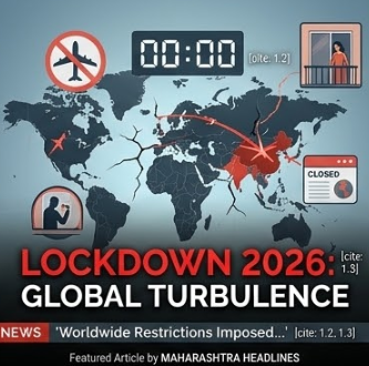 "Infographic panel titled 'LOCKDOWN 2026: GLOBAL TURBULENCE', showing a cracked world map with stopped flight paths, a digital countdown clock, and icons of isolation and closed airports, set against a dark, tense background."