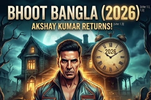 A dramatic illustrative movie poster, wider than tall, featuring Akshay Kumar in a stylized jacket standing before a dilapidated and glowing antique clock tower marked '2026' and a haunted 'Bhoot Bangla' house. Spooky elements like bats and bare trees fill the setting. The full main title BHOOT BANGLA (2026) is prominent in large, stylized white and gold letters. A central red banner subtitle reads AKSHAY KUMAR RETURNS!. A footer reads Featured Article by MAHARASHTRA HEADLINES.