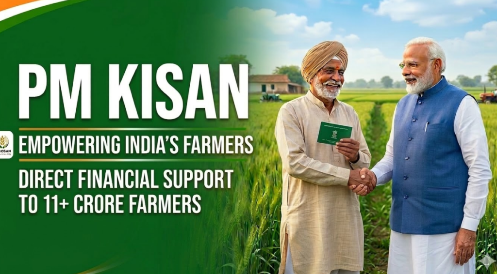 Gemini said
A Government of India promotional banner for the PM KISAN scheme, split into text on the left and a photograph on the right. On the left, a green and saffron background features large white and green text reading: a small Government of India "PM KISAN" scheme logo, "PM KISAN" (largest, in saffron/white), "EMPOWERING INDIA'S FARMERS", and "DIRECT FINANCIAL SUPPORT TO 11+ CRORE FARMERS". On the right, Prime Minister Narendra Modi, wearing a blue vest, is shaking hands warmly with a smiling elderly Sikh farmer wearing a yellow turban and cream kurta. The farmer holds a green PM-KISAN passbook in his other hand. Their natural handshake is supported and highlighted by an illustrative interlocking multi-hand graphic positioned below it, symbolizing support and unity. The background is a lush green agricultural field with a traditional village house and a tractor under a cloudy sky. Indian flag color elements frame the top.