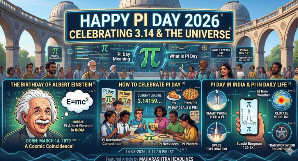 A wide-format educational infographic for Pi Day 2026, titled 'HAPPY PI DAY 2026 CELEBRATING 3.14 & THE UNIVERSE', set against an observatory background in Nagpur, Maharashtra with integrated date and time 14-03-2026 | 3:14:15 PM IST. A three-panel composition explores Pi's meaning and practical application. The left panel, 'THE BIRTHDAY OF ALBERT EINSTEIN', features a smiling Einstein with a thought bubble E=mc² and text noting he was Born: March 14, 1879—A Cosmic Coincidence!. It lists Pi value, Happy Pi Day, and Pi approximation day. The center panel, 'HOW TO CELEBRATE PI DAY', depicts students engaged in Pi Recitation Competition, Pi Necklaces, Pi Posters, and lists Pie Pizza Pie PI DAY DEALS & PIE! with Pi Approximation Day (Jul 22) and PI DAY NOV 10? notes. The right panel, 'PI DAY IN INDIA & PI IN DAILY LIFE', illustrates Pi's use in technology: a smartphone for SMARTPHONE TECH & PI is connected by glowing lines to El Niño Weather (CLIMATE MODELING), Space Exploration, and a Suzuki Burgman 125 EX wheel (TRANSPORTATION ENGINEERING). A footer reads 'Featured Article by MAHARASHTRA HEADLINES'.