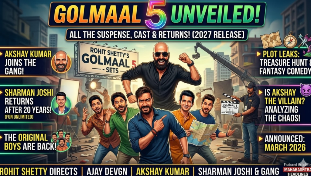 A vibrant, promotional infographic for the upcoming movie Golmaal 5, featuring the large headline "GOLMAAL 5 UNVEILED! ALL THE SUSPENSE, CAST & RETURNS! (2027 RELEASE)". The central illustration shows animated versions of the cast, including Ajay Devgn pointing forward and a new bald, bearded avatar of Akshay Kumar cheering behind him on a movie set with a sign reading "ROHIT SHETTY'S GOLMAAL 5 SETS". The image is flanked by informational text panels. The left panels highlight casting news: "AKSHAY KUMAR JOINS THE GANG!", "SHARMAN JOSHI RETURNS AFTER 20 YEARS! (FUN UNLIMITED)", and "THE ORIGINAL BOYS ARE BACK!" alongside small character portraits. The right panels tease story details: "PLOT LEAKS: TREASURE HUNT & FANTASY COMEDY!", "IS AKSHAY THE VILLAIN? ANALYZING THE CHAOS!", and "ANNOUNCED: MARCH 2026". A bottom banner lists the key players: "ROHIT SHETTY DIRECTS | AJAY DEVGN | AKSHAY KUMAR | SHARMAN JOSHI & GANG", with a logo for Maharashtra Headlines in the corner.