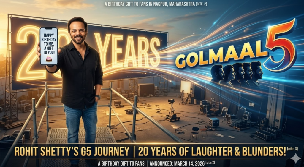 A close-up of filmmaker Rohit Shetty, smiling warmly, on a film set. He is holding up a smartphone, on the screen of which the text HAPPY BIRTHDAY TO ME, A GIFT TO YOU! is visible with a cake icon. The background features dynamic, abstract glowing streams of light merging into an emerging 'GOLMAAL 5' title with a stylized, dynamic '5' and the profiles of the core gang silhouetted. A large '20 YEARS' banner is in the background. Illustrative text banner: ROHIT SHETTY'S G5 JOURNEY | 20 YEARS OF LAUGHTER & BLUNDERS!. Smaller text near footer: A BIRTHDAY GIFT TO FANS | ANNOUNCED: MARCH 14, 2026. This sets the emotional, celebratory context. The production quality is very high.