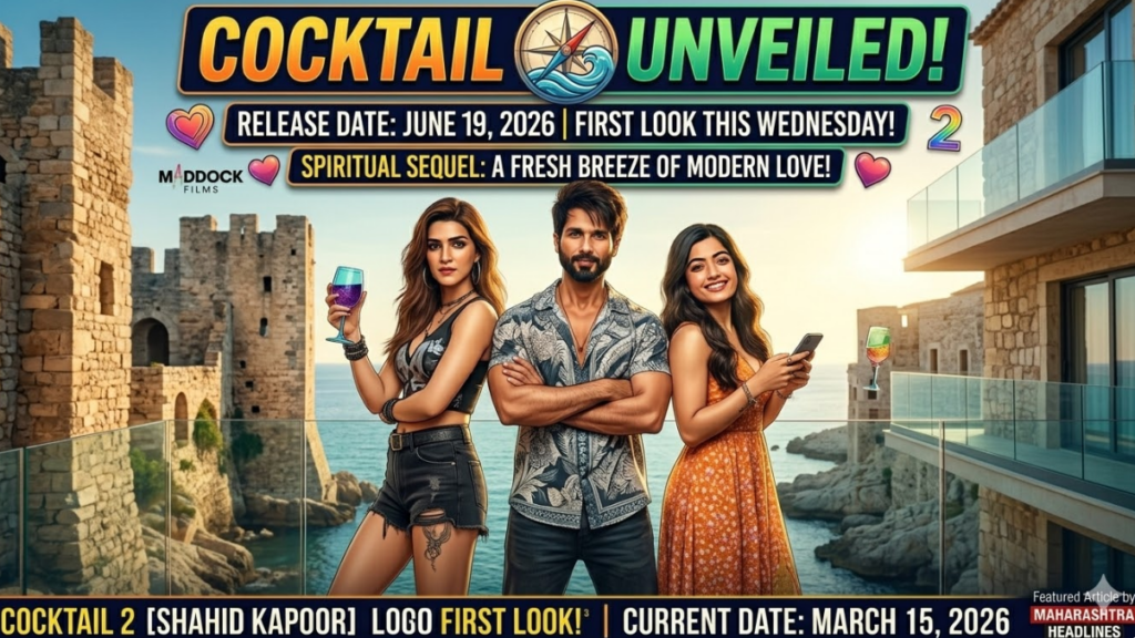 A glamorous, wide-angle cinematic 'First Look' cover for an A4Article, set on a sun-drenched European coastline. The three lead actors: Shahid Kapoor, Kriti Sanon, and Rashmika Mandanna, are in a composed, confident pose, standing among ancient stone structures. Shahid (cool, charms) is center; Kriti (bold, Verónica-vibe) is left; Rashmika (joyful, lively, with phone) is right. Integrated graphic text: COCKTAIL 2 UNVEILED! | RELEASE DATE: JUNE 19, 2026 | FIRST LOOK THIS WEDNESDAY! | SPIRITUAL SEQUEL: A FRESH BREEZE OF MODERN LOVE!. Small sub-banner near footer: A4ARTICLE: EVERYTHING YOU NEED TO KNOW! | CURRENT DATE: MARCH 15, 2026. High production quality with accurate character likenesses.