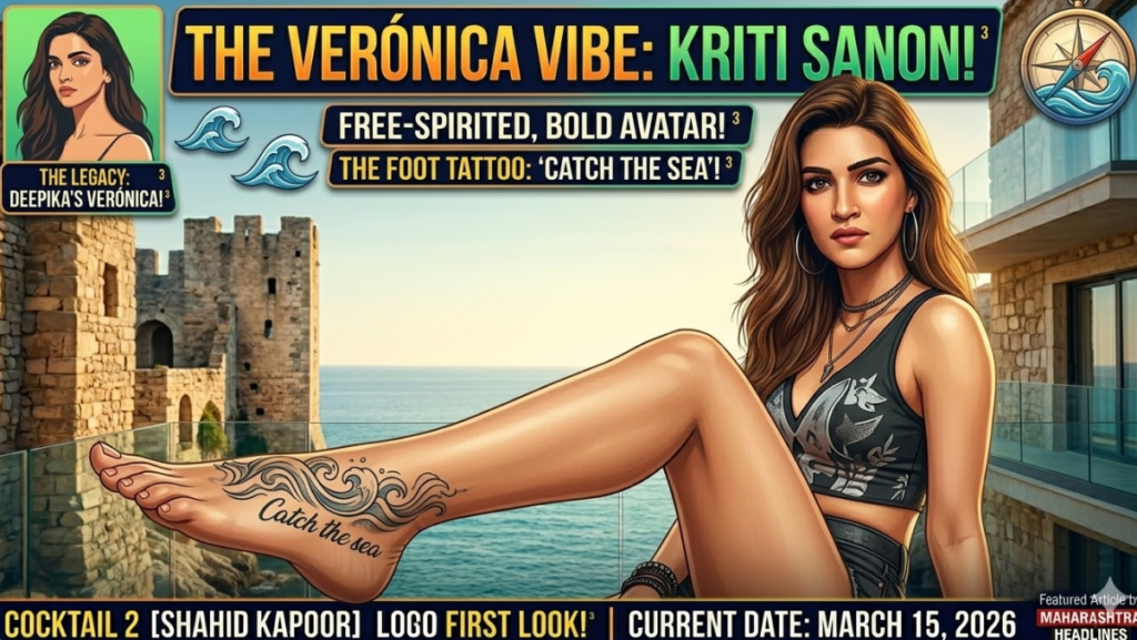 A high-quality, focused close-up illustrative photograph, forming the second image in a character deep-dive sequence. This scene concentrates specifically on Kriti Sanon's character, set against the glamorous European coastline set from image_111.png. Kriti, in an edgy, modern outfit, looks directly into the camera with a confident, defiant gaze, channeling a bold 'Verónica' vibe. Her extended leg is prominent, displaying the intricate foot tattoo with stylized waves and the text: Catch the sea. Integrated graphic elements: A main banner across the top: THE VERÓNICA VIBE: KRITI SANON!. Sub-banners: FREE-SPIRITED, BOLD AVATAR! and THE FOOT TATTOO: 'CATCH THE SEA'!. In the upper left corner, a small, stylized inset graphic displays a simplified portrait of Deepika Padukone's Verónica with text: THE LEGACY: DEEPIKA'S VERÓNICA!. Icons of stylized waves and a compass merging with waves merge into the main composition. The cinematic lighting from image_111.png remains, creating a seamless visual style. Character likenesses are highly accurate.
