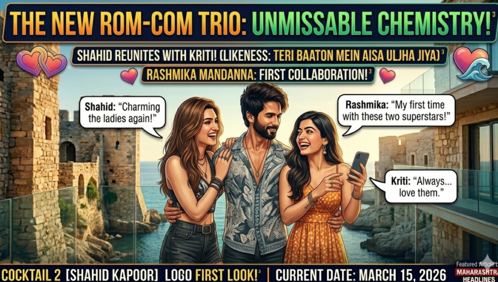 A high-quality, illustrative close group photograph, forming the third image in a dynamic cast chemistry sequence. The scene is a continuation of image_111.png and image_112.png, set on the same sun-drenched European coastline. The three lead actors: Shahid Kapoor, Kriti Sanon, and Rashmika Mandanna, are in a relaxed, friendly, and naturally interacting group pose. Shahid, cool in his printed shirt, holds both women charmingly; Kriti laughs, looking at Rashmika, who is also laughing joyfully, holding up her phone. Integrated graphic elements: Large banner across the top: THE NEW ROM-COM TRIO: UNMISSABLE CHEMISTRY!. Sub-banners: SHAHID REUNITES WITH KRITI! (LIKENESS: TERI BAATON MEIN AISA ULJHA JIYA); RASHMIKA MANDANNA: FIRST COLLABORATION!. Speech bubbles link back to their old roles: Above Shahid: Shahid: "Charming the ladies again!". Above Rashmika: Rashmika: "My first time with these two superstars!". Above Kriti: Kriti: "Always... love them.". Icons of connected hearts and a heart merging with waves merge into the composition. The cinematic lighting from image_111.png and image_112.png is consistent. Character likenesses are highly accurate.