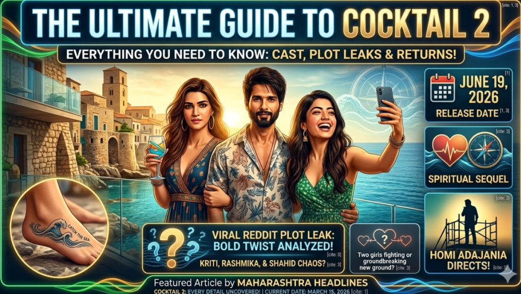 A comprehensive featured infographic titled "THE ULTIMATE GUIDE TO COCKTAIL 2: EVERYTHING YOU NEED TO KNOW: CAST, PLOT LEAKS & RETURNS!". The central image features stylized, glamorous illustrations of the lead cast—Kriti Sanon holding a blue drink, Shahid Kapoor in a tropical shirt, and Rashmika Mandanna taking a selfie—standing on a balcony overlooking a scenic Mediterranean coastal town. The graphic includes several informative panels on the right: a calendar displaying "JUNE 19, 2026 RELEASE DATE", a heart and compass denoting "SPIRITUAL SEQUEL", and a director's silhouette indicating "HOMI ADAJANIA DIRECTS!". On the bottom left, a circular inset highlights a foot tattoo reading "CATCH THE SEA". A lower central panel teases a "VIRAL REDDIT PLOT LEAK: BOLD TWIST ANALYZED!" and "KRITI, RASHMIKA, & SHAHID CHAOS?". A footer reads "Featured Article by MAHARASHTRA HEADLINES" with the current date, March 15, 2026.